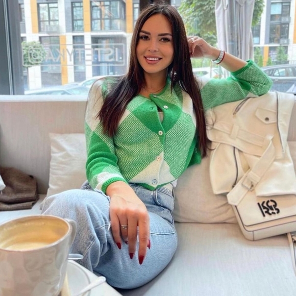 🔥 Zara Argyle Jacquard Knit Cardigan Bloggers Favorite Size M - Picture 4 of 14